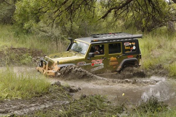 Gecko pärla grön jeep wrangler rubicon korsning lerig damm — Stockfoto