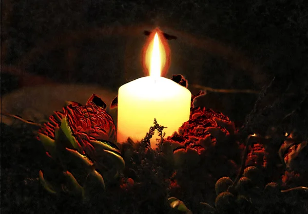 Surreal Painting Burning White Candle Dried Flower Arrangement — Stock Photo, Image