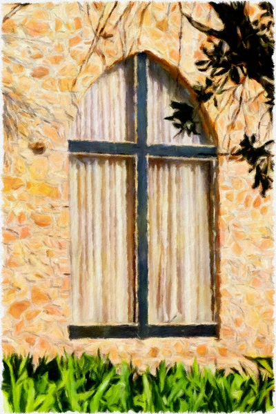 Картина Церковного Окна Христианским Крестом Деревянная Рама — стоковое фото