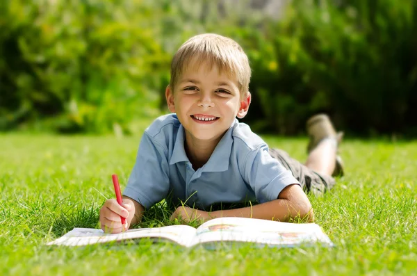 Portrait of a boy lying on the grass with a book in the park — Zdjęcie stockowe