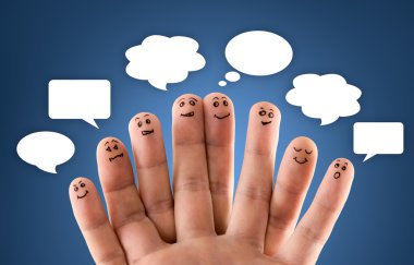 Happy group of finger smileys with social chat sign and speech b clipart