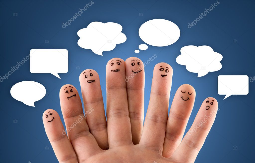 Happy group of finger smileys with social chat sign and speech b