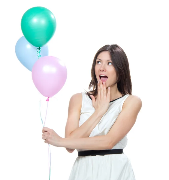 Girl with pink balloons as a present for birthday party — Stock Photo, Image