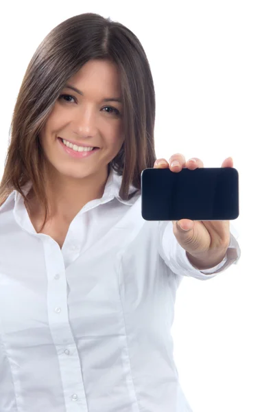 Mujer Mostrando la exhibición de su nuevo teléfono móvil táctil — Foto de Stock