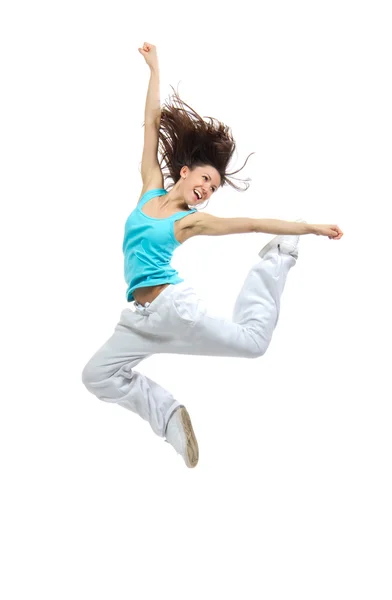 Modern slim hip-hop style teenage girl jumping dancing — Stock Photo, Image