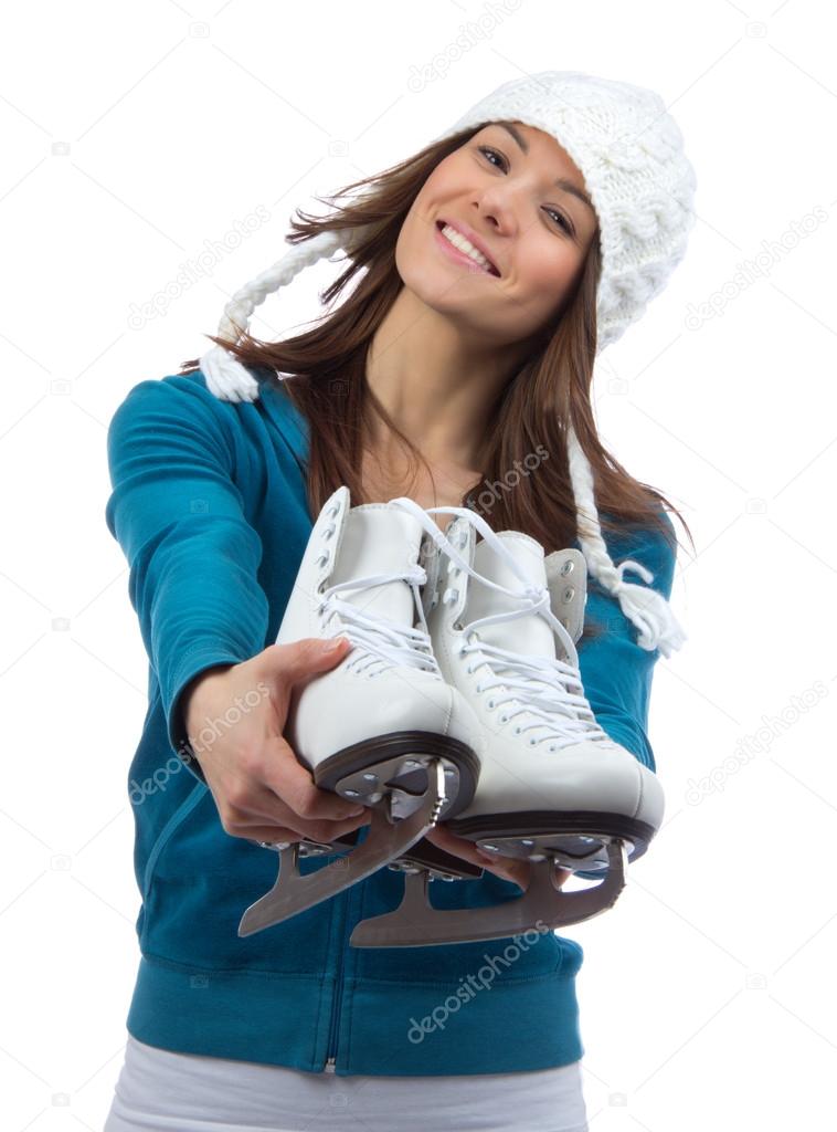 Pretty woman ice skating winter sport activity