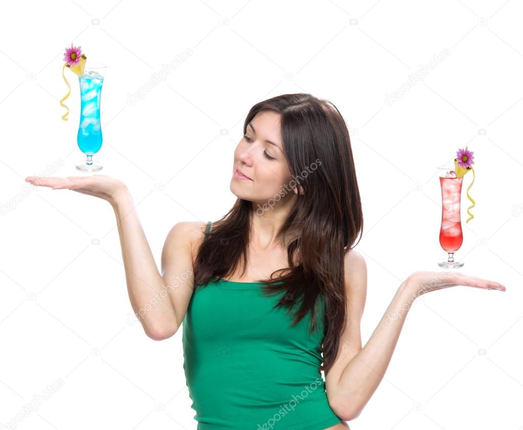Woman compare cocktails drink in hand