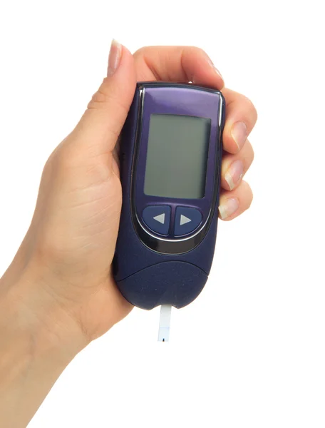 Diabetes is een bloedglucose niveau vinger bloedtest doen — Stockfoto