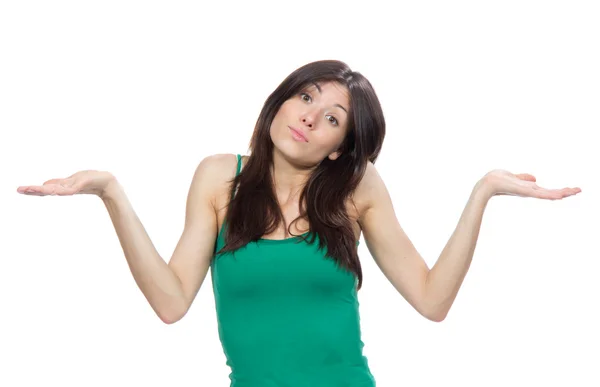 Vrouw met verbaasd gezicht vergelijken hand standpunt — Stockfoto