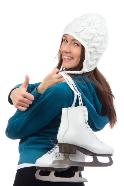 Woman with ice skates thumb up — Stock Photo, Image