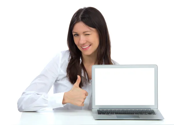 Female with modern laptop keyboard thumb up — Stock Photo, Image