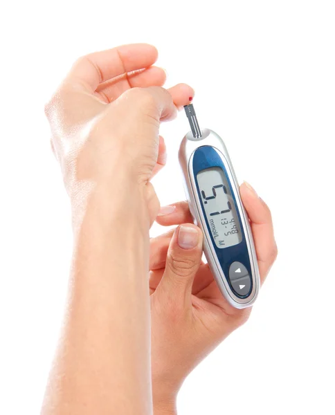 Diabetic patient measuring glucose level blood test — Stock Photo, Image