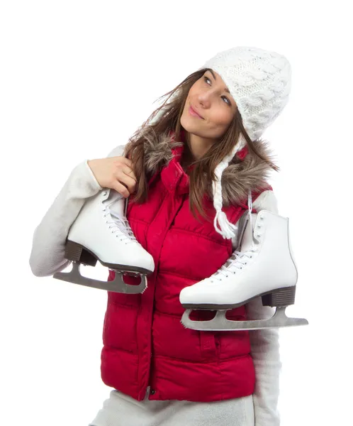 Young woman holding ice skates for winter ice skating — Stock Photo, Image