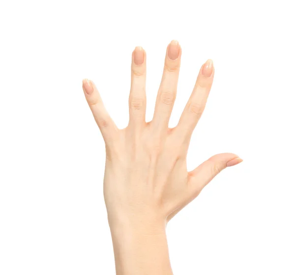 Manicured female hand gesture number five fingers up — Stock Photo, Image