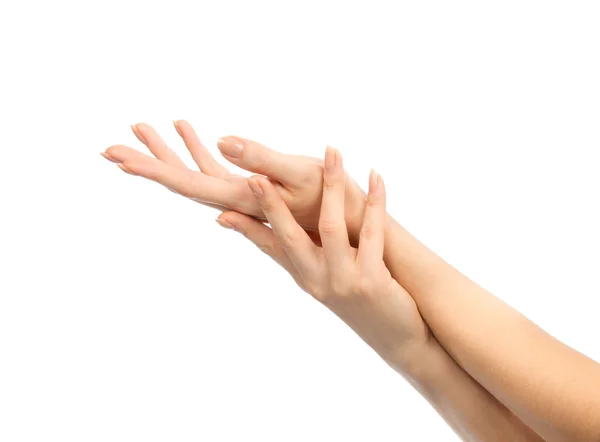 Красивые женские руки с французским маникюром ногтей — стоковое фото