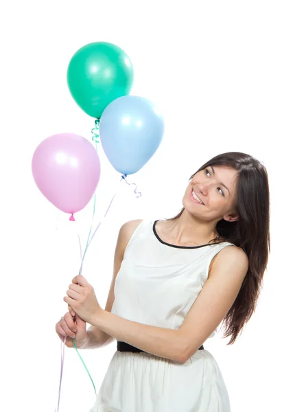 Mädchen mit bunten Luftballons als Geschenk für Geburtstagsfeier — Stockfoto