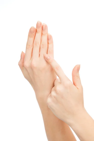 Beautiful woman hands with french manicure nails i — Stock Photo, Image