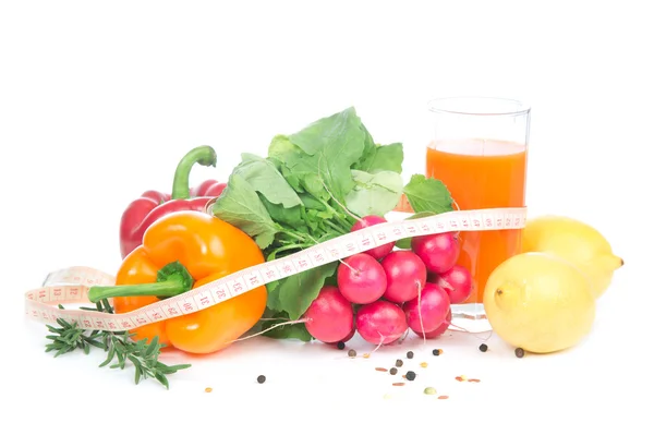 Fresh organic fruits and vegetables tape measure — Stock Photo, Image