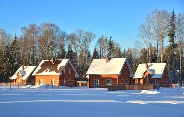 Winter countryside snowy houses cottage in morning