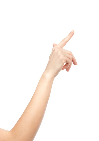 Kobieta ręką wskazując, dotykając lub naciśnięcie — Zdjęcie stockowe