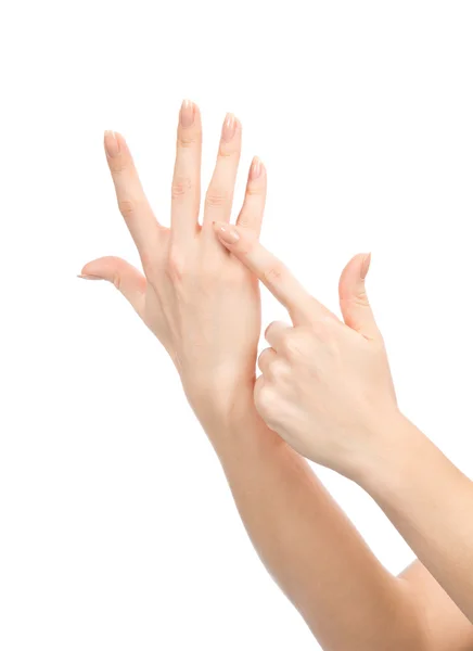 Beautiful woman hands with french manicure nails — Stock Photo, Image