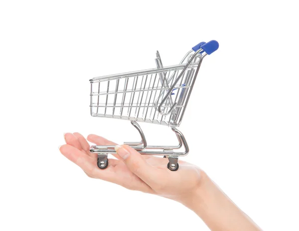 Empty shopping cart for sale on open hand i — Stock Photo, Image
