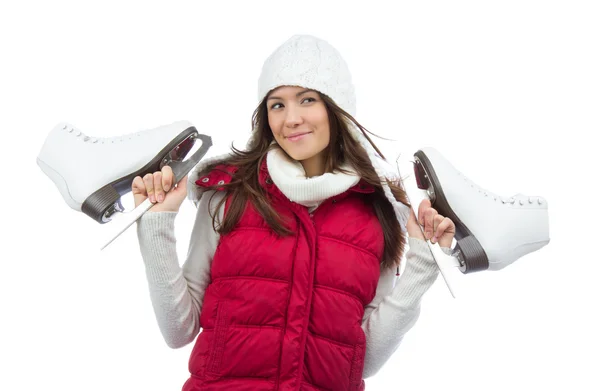 Young woman holding ice skates for winter ice skating sport — Stock Photo, Image