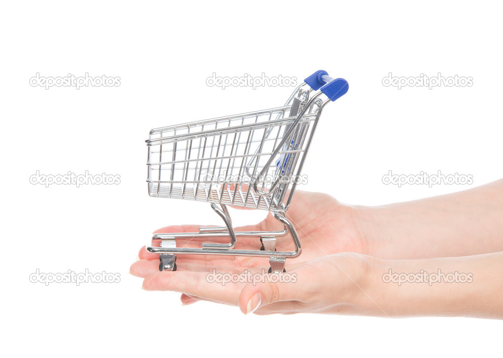 Hands giving empty shopping cart for sale