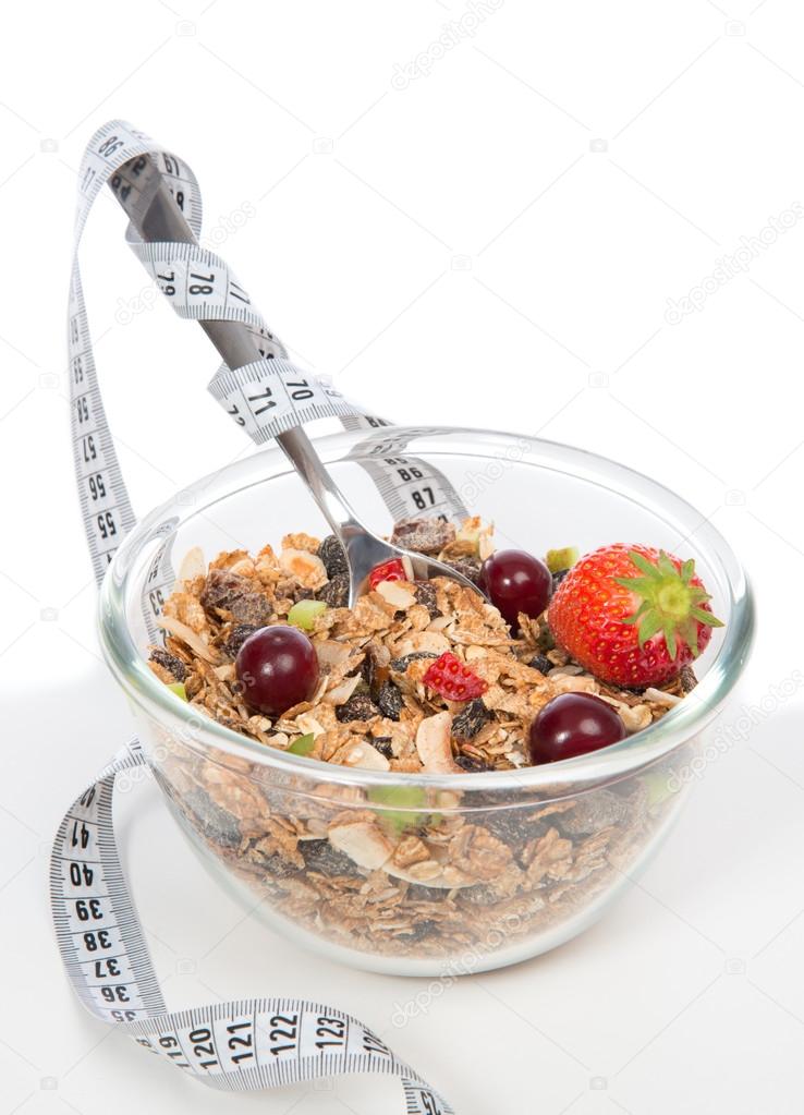 Diet weight loss concept. Muesli cereals bowl