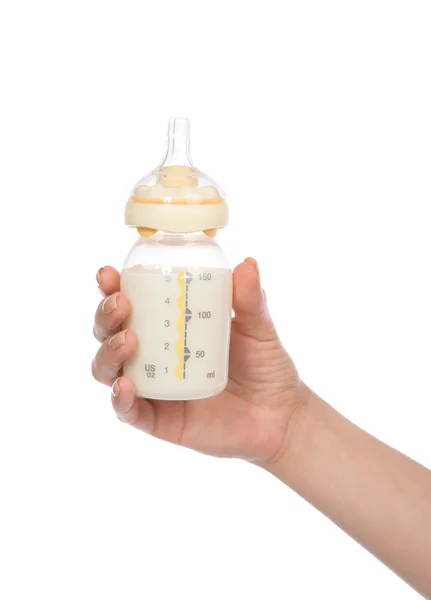 Child baby feeding bottle with newborn flow nipple i — Stock Photo, Image