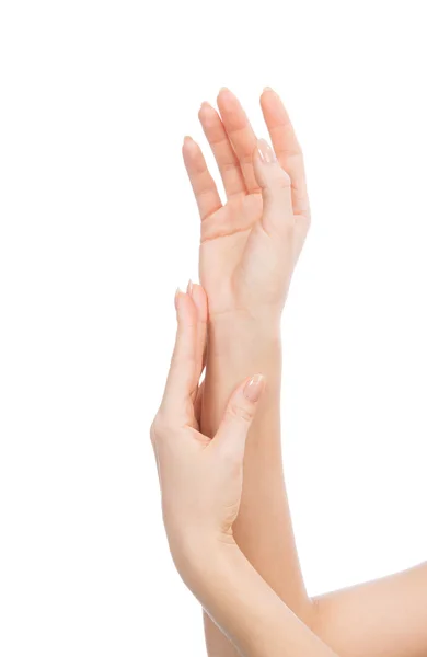 Beautiful woman hands with french manicure nails — Stock Photo, Image