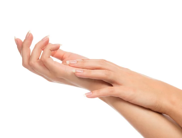 Beautiful woman hands french manicure nails — Stock Photo, Image