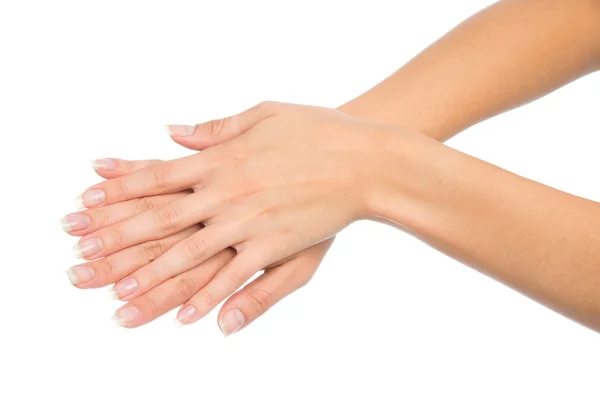 Belles mains de femme avec des ongles de manucure français — Photo