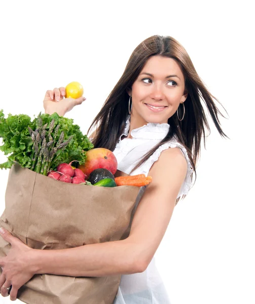 Femme avec sac à provisions avec légumes et fruits — Photo