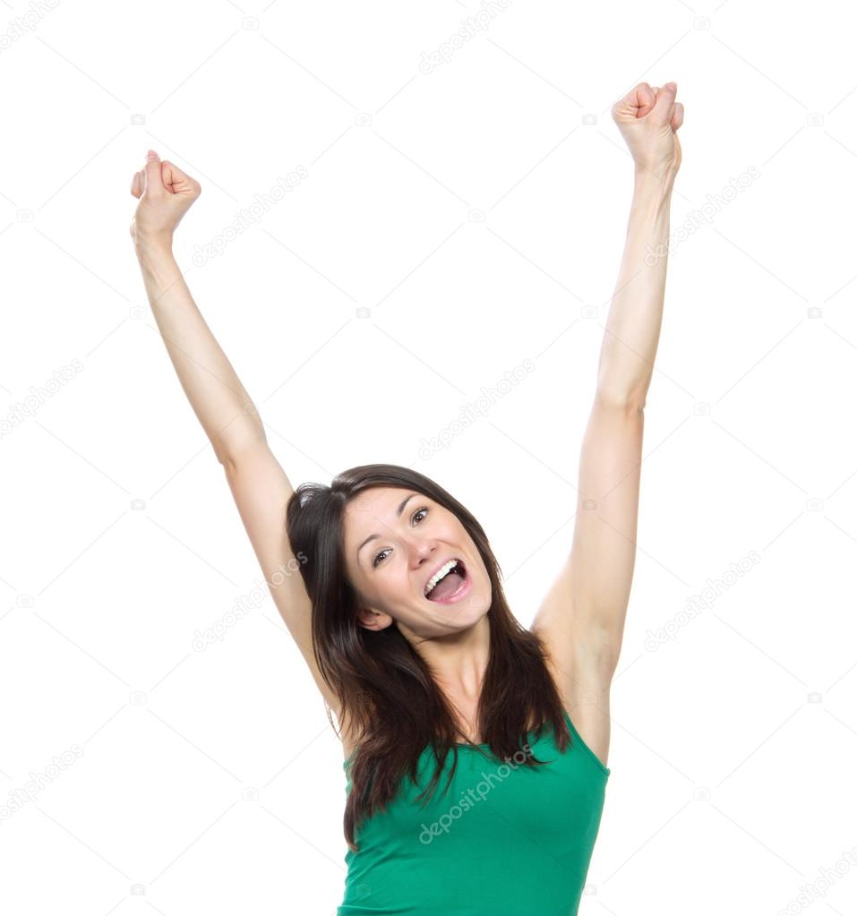 Happy woman with raised arms or hands up sign