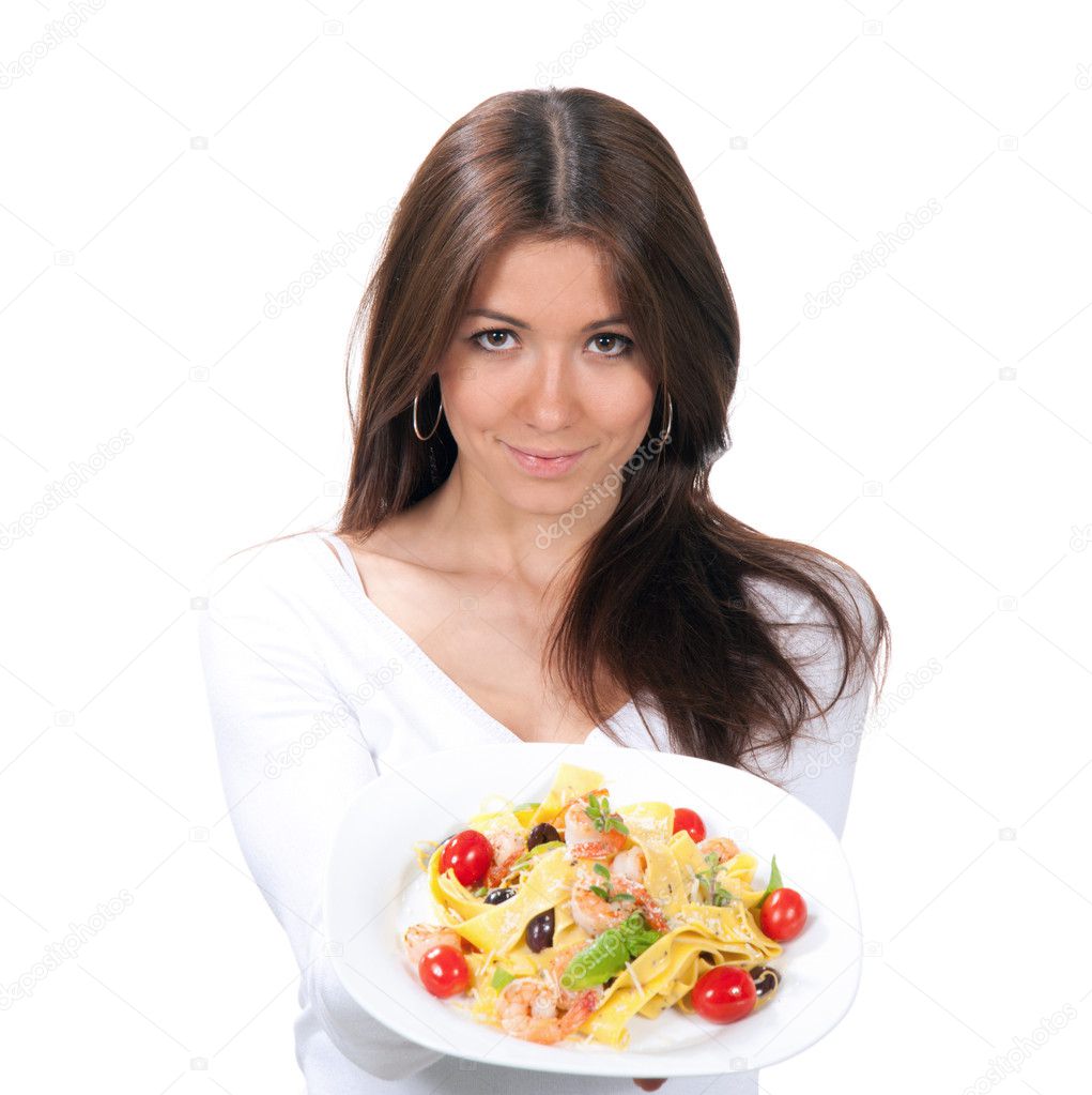 Woman wants to eat spaghetti pasta with shrimps Italian food
