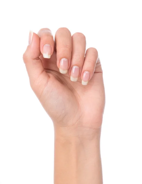 Bela mão mulher com unhas manicured francês — Fotografia de Stock