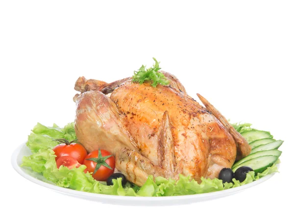 Pollo arrosto per il Ringraziamento su un piatto decorato con insalata — Foto Stock