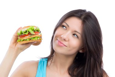 elinde yemek için lezzetli lokanta sağlıksız burger kadınla