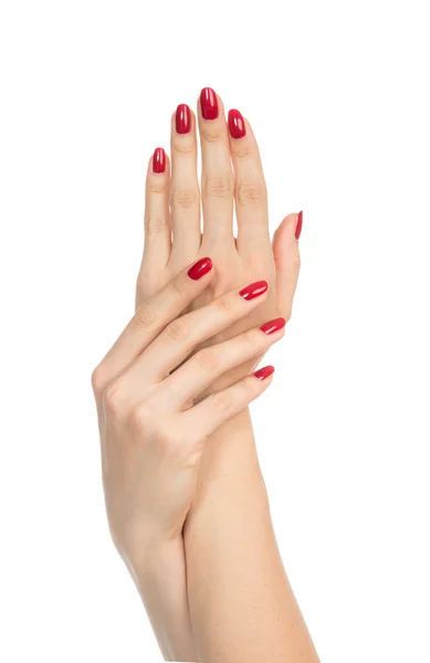 Manos de mujer con uñas rojas cuidadas — Foto de Stock