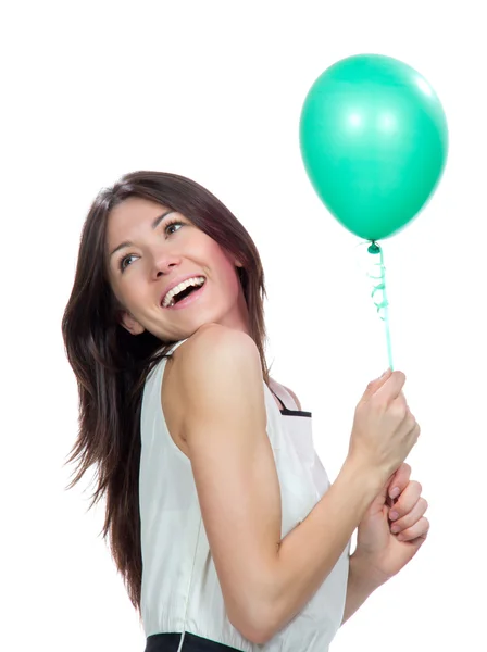 Jovem menina feliz com balão verde — Fotografia de Stock