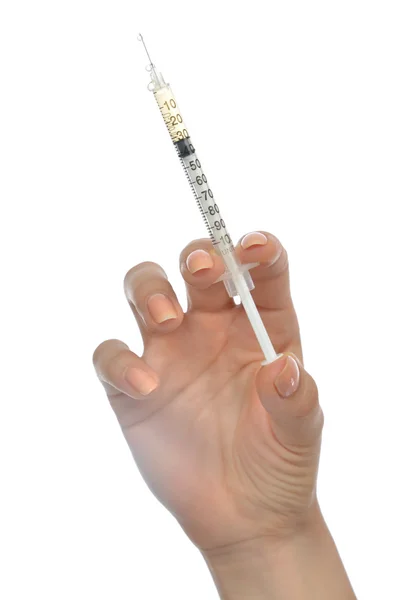 Doctor hand with medical insulin syringe ready for injection — Stock Photo, Image