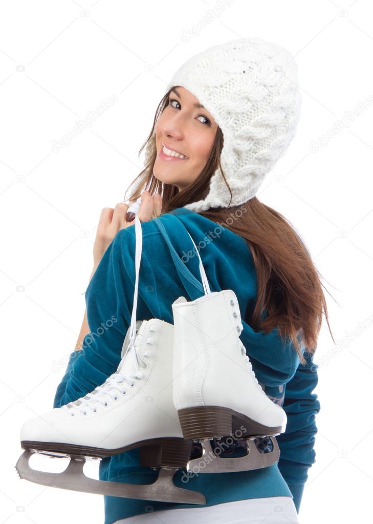 Young woman with ice skates for winter ice skating sport activit
