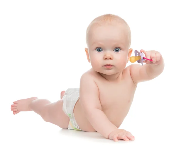 kız çocuk 6 aylık Bebek meme emzik tutan mutlu yalan