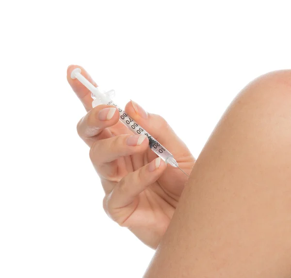 Insulina gripe inyectada por jeringa inyección subcutánea del brazo vaccinati —  Fotos de Stock