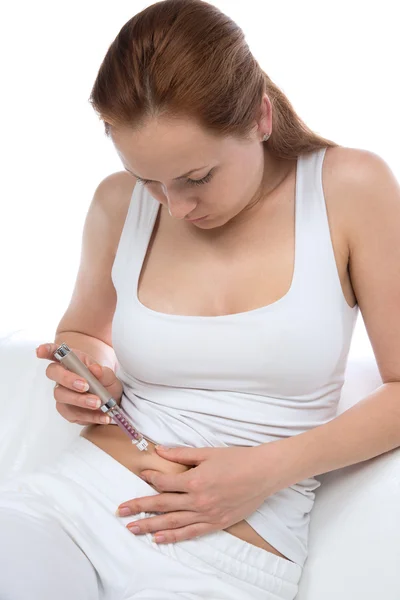 Abdomen subcutaneous insulin syringe pen injection vaccination — Stock Photo, Image