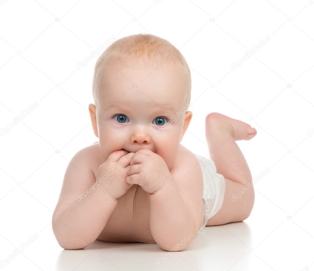Infant child baby girl in diaper lying happy smiling Stock Photo by ...