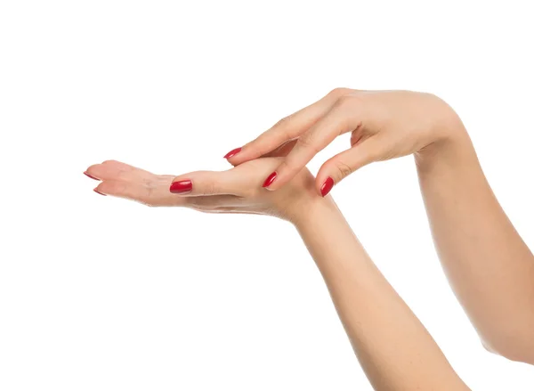 Woman hands with manicured red nails i — Stock Photo, Image