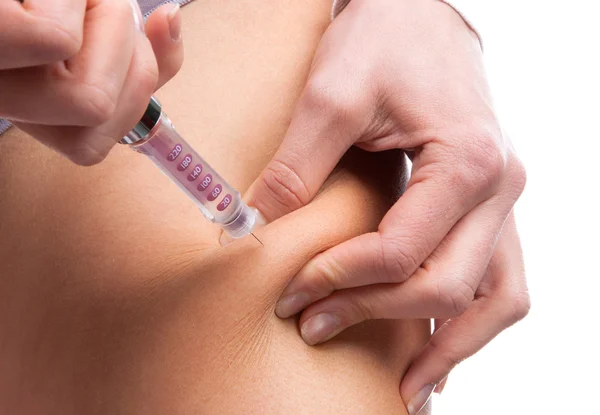 Cukrzyca insulina pacjenta strzał strzykawka szczepienia nogi — Zdjęcie stockowe