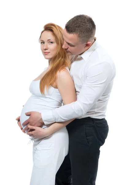 Man touching belly of his pregnant woman wife — Stock Photo, Image